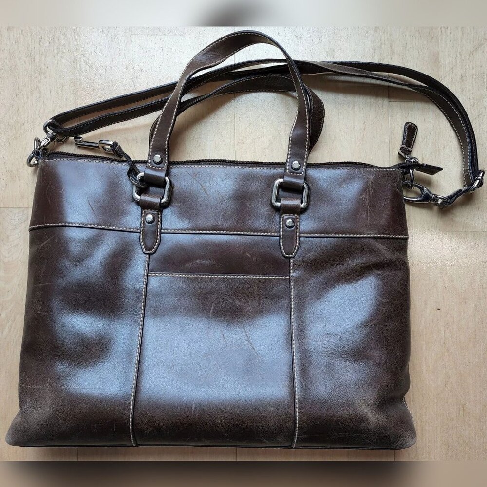 FOSSIL Dark Brown Leather Bag Briefcase, Distressed, Zipper Closure Compartments